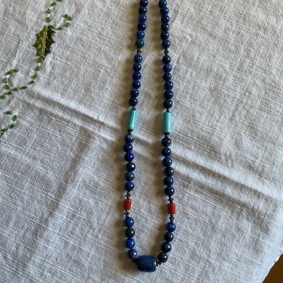 𝅺sterling SILVER 925 LAPIS LAZULI/RED CORAL/Turquose silver beds NECKLACE​​ - Picture 13 of 13